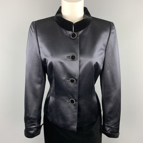 AKRIS Size 8 Navy Wool Satin & Black Velvet Skirt Suit
