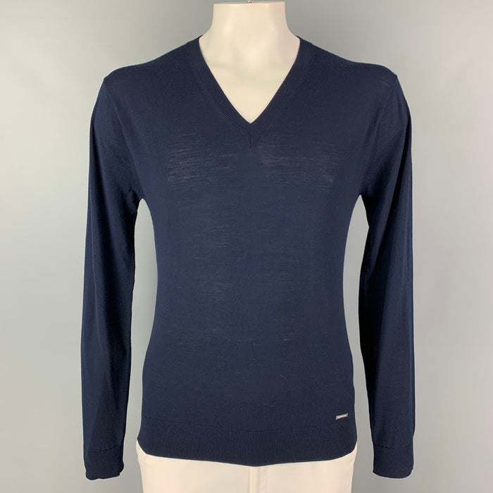 DSQUARED2 Size XL Navy Knitted Wool V-Neck Pullover