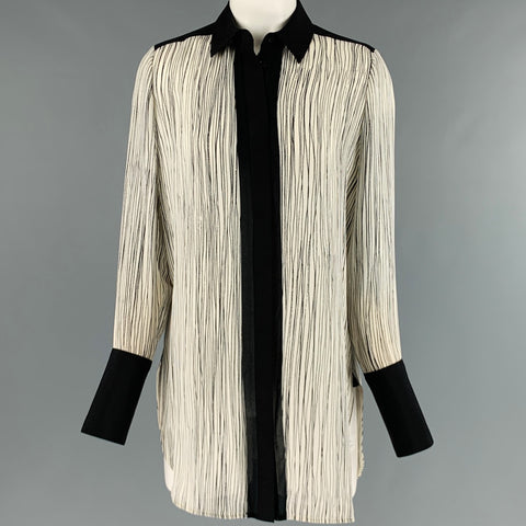 VINCE Talla XS Blusa con ribete en contraste con líneas de seda blanca y negra