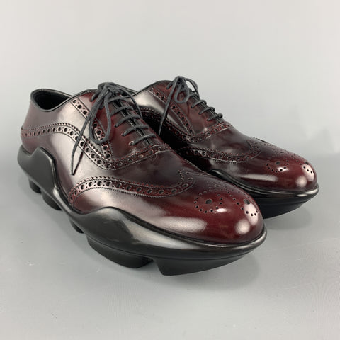 PRADA Size 10 Burgundy Leather Wingtip Rubber Platform Sole Lace Up