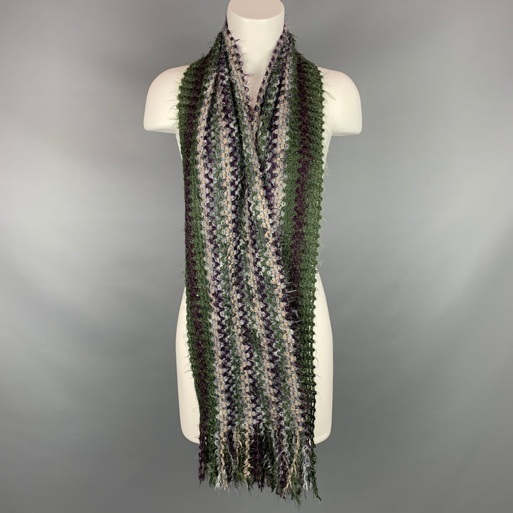 VINTAGE Green & Purple Stripe Knitted Fringe Scarf