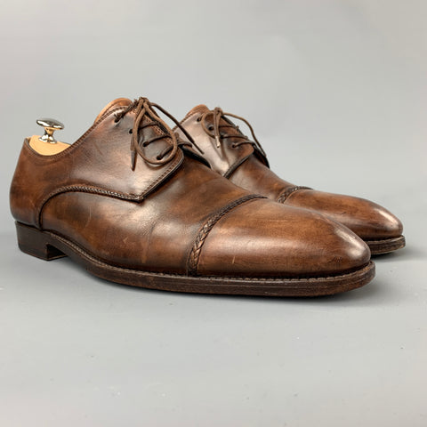 BONTONI Size 10 Brown Burnished Leather Cap Toe Lace Up Shoes