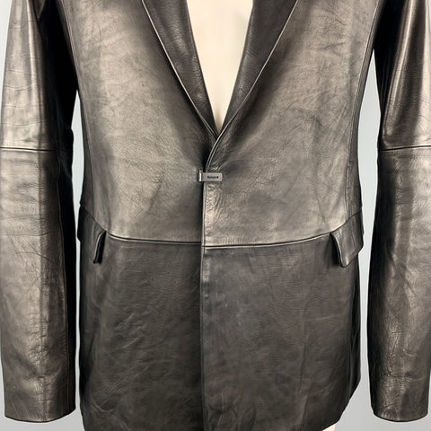 THE VIRIDI-ANNE Size XL Black Leather Notch Lapel Hook & Eye Sport Coat
