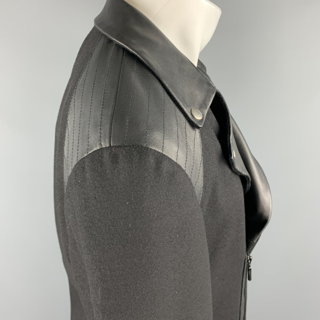 ROYGBM Talla 40 Abrigo motero con cremallera asimétrica de lana y cuero negro