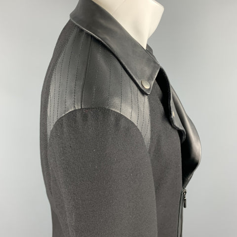 ROYGBM Size 40 Black Wool & Leather Asymmetrical Zip Biker Coat