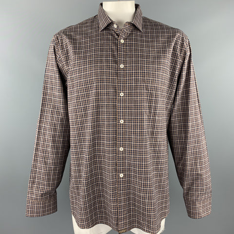 Size XXL BILLY REID Brown Plaid Cotton Patch Pocket Long Sleeve Shirt