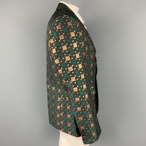 CUSTOM MADE Size 40 Green & Gold Jacquard Notch Lapel Sport Coat