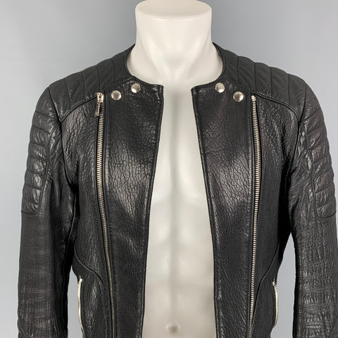 BALMAIN Size 42 Black Textured Leather Double Zipper Open Front Motorcycle Jacket