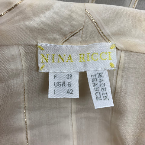 NINA RICCI Size 6 Cream Gold Cotton Blend Stripe Ruffle Dress Top