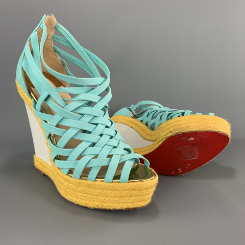 CHRISTIAN LOUBOUTIN 7 Sandalias de cuña con plataforma trenzada amarilla tejida de ante turquesa
