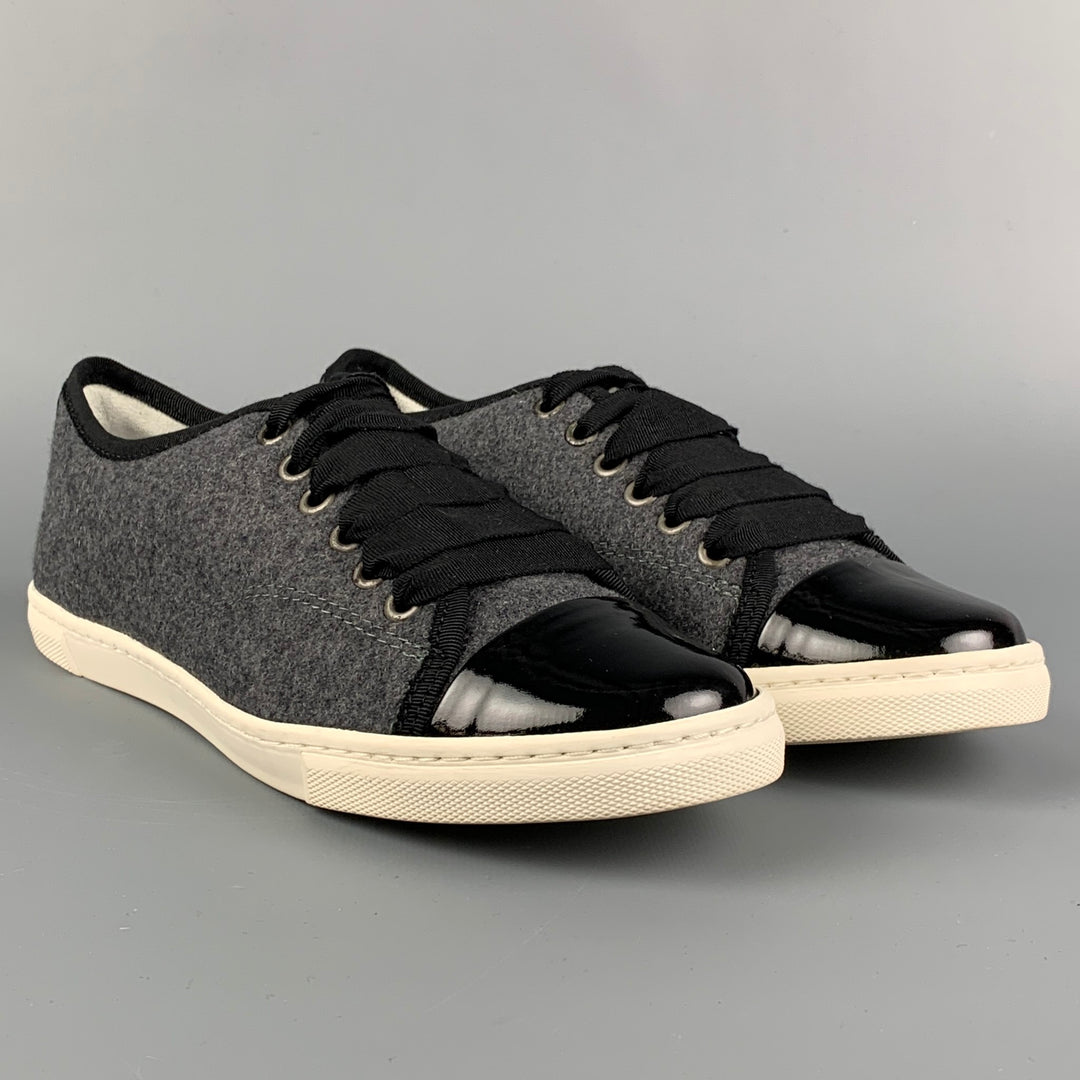 LANVIN Taille 7.5 Baskets à lacets en laine grise et noire avec bordure en cuir