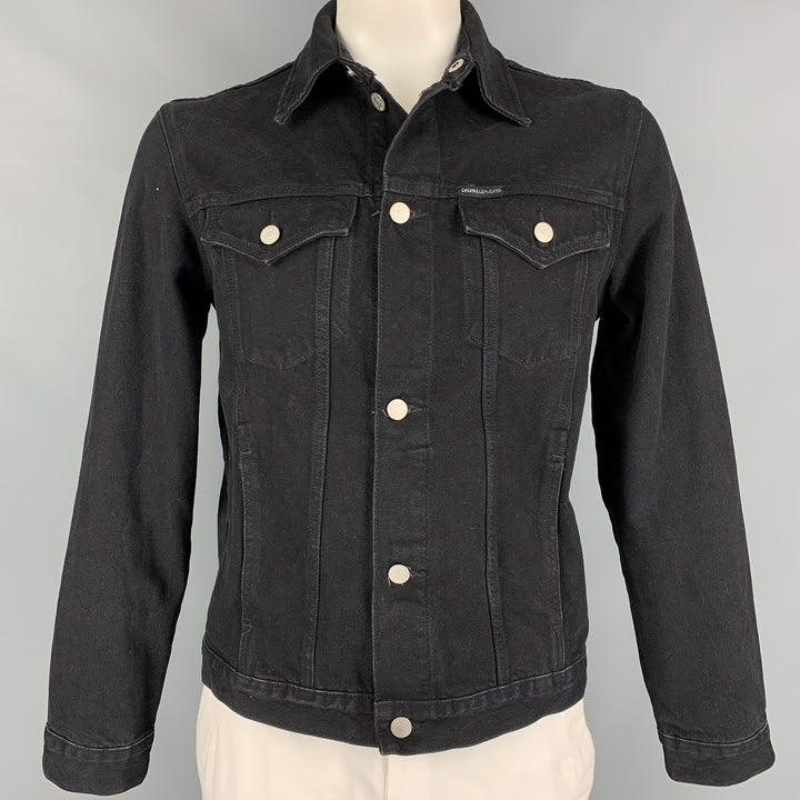 CALVIN KLEIN Size L Black & White Foundation Graphic Cotton Denim Trucker Jacket