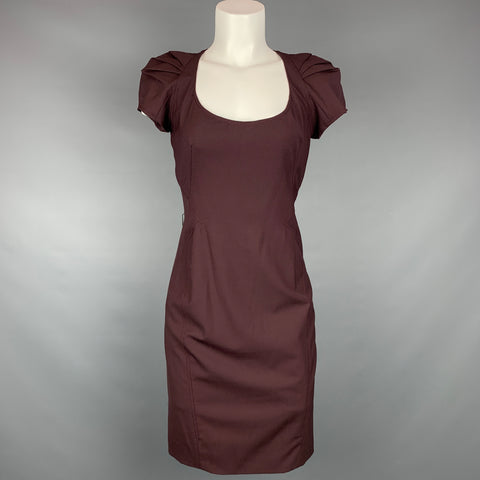 ZAC POSEN Taille 4 Robe trapèze en mélange de laine vierge aubergine à encolure dégagée