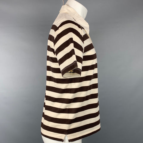 PRADA Size L Beige & Brown Stripe Short Sleeve Polo