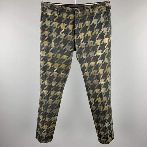 PAUL SMITH Size 32 Olive & Black Houndstooth Cotton Zip Fly Dress Pants