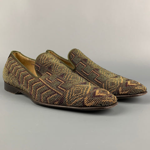 DONALD J PLINER Size 9.5 Brown & Gold Beaded Leather Slip On Loafers