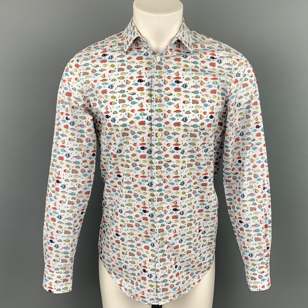 PAUL SMITH Talla M Camisa blanca de manga larga con botones de algodón con estampado de peces