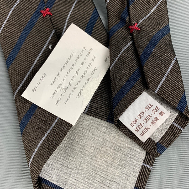 BRUNELLO CUCINELLI Brown Navy Diagonal Stripe Silk Tie