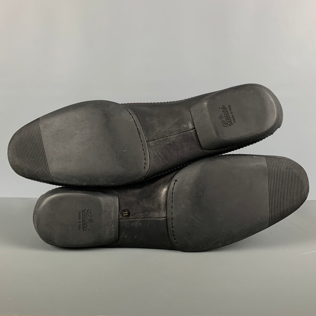 GUCCI Size 12 Black Contrast Stitch Leather Slip On Loafers