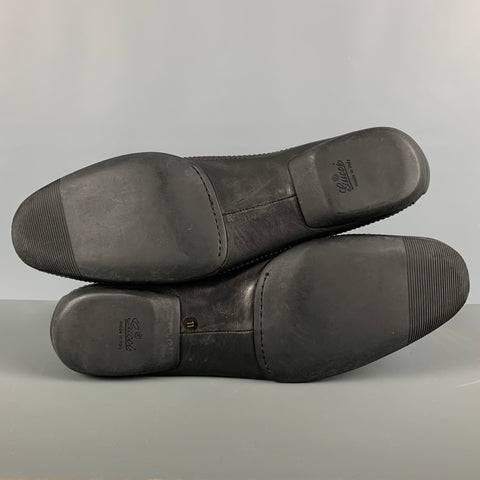 GUCCI Size 12 Black Contrast Stitch Leather Slip On Loafers