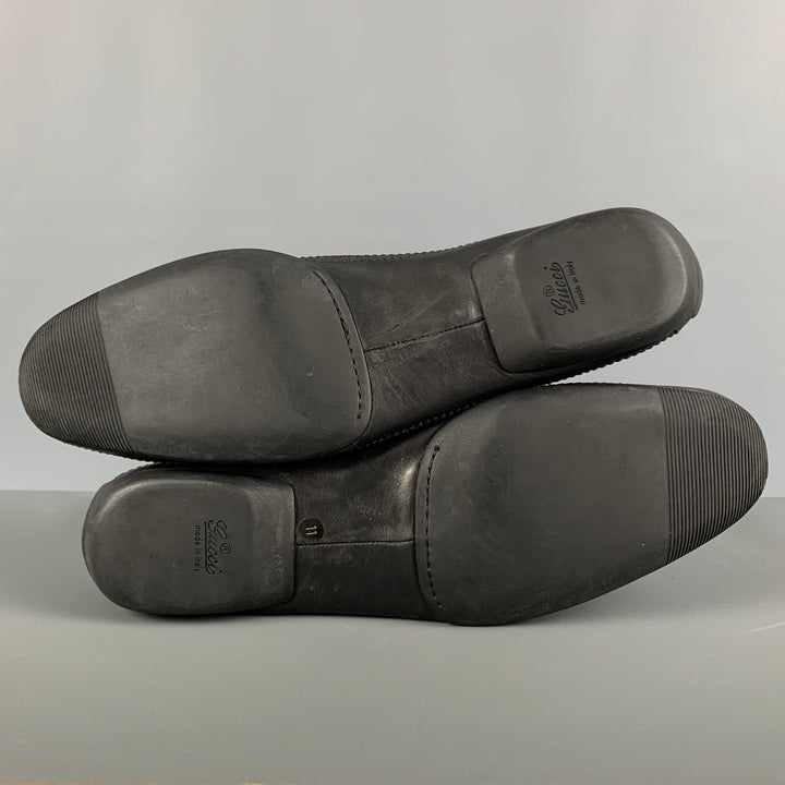 GUCCI Size 12 Black Contrast Stitch Leather Slip On Loafers