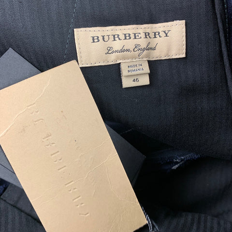 BURBERRY Taille 36 Costume à revers cranté en laine / coton à rayures verticales vert et bleu marine régulier