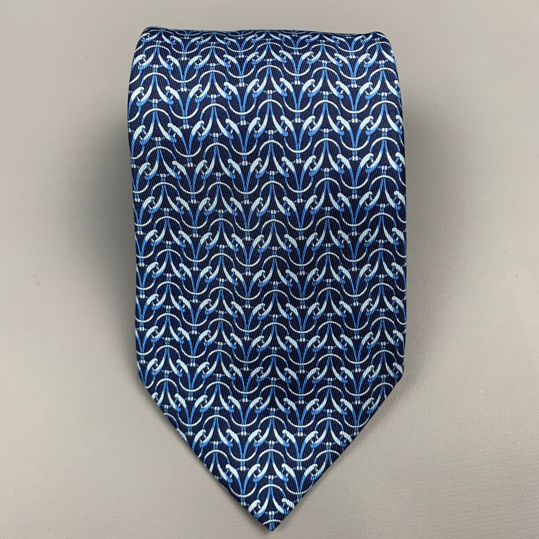 HERMES 7759 FA Navy & Blue Print Silk Tie