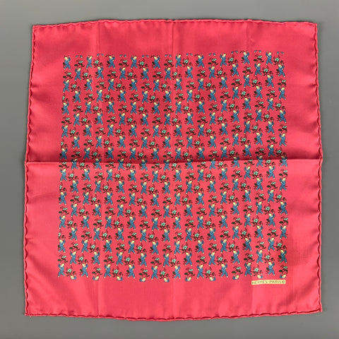 HERMES Red Blue Figures Silk Twill Pocket Square