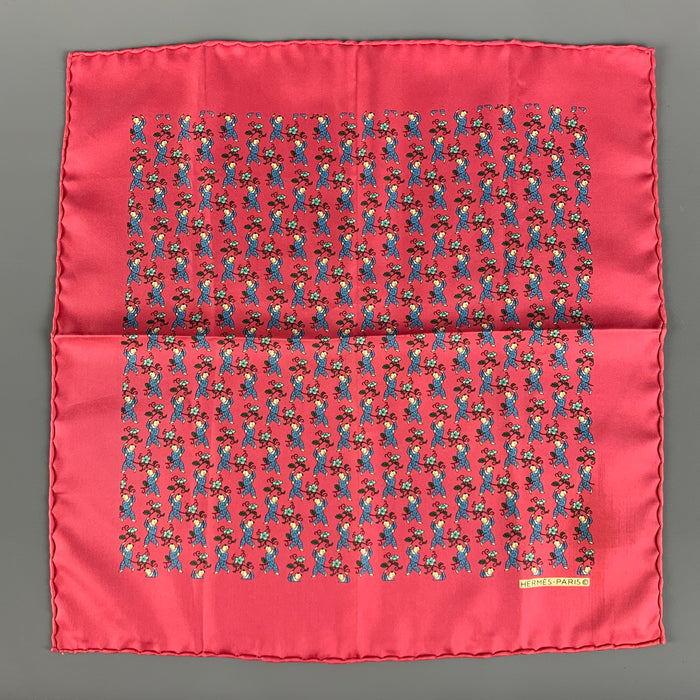 HERMES Red Blue Figures Silk Twill Pocket Square
