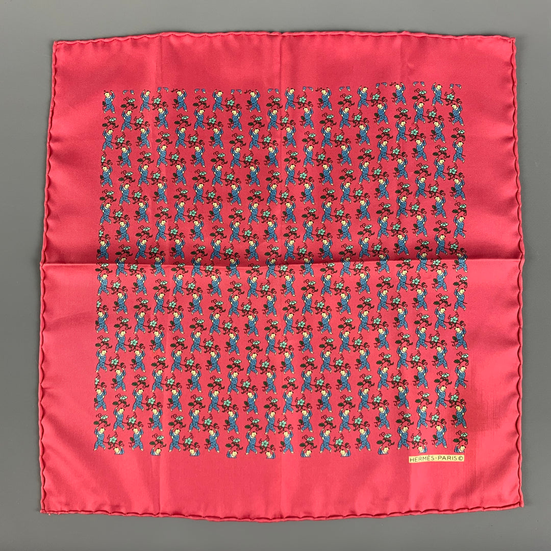 HERMES Pañuelo de bolsillo de sarga de seda con figuras rojas y azules