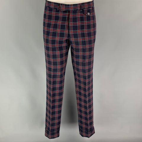 MICHAEL BASTIAN Size 40 Navy & Red Plaid Cotton Peak Lapel Suit