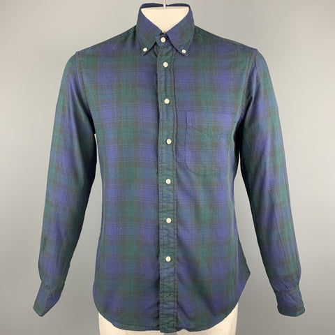 GITMAN VINTAGE Talla M Camisa de manga larga con botones de algodón a cuadros verde y azul marino
