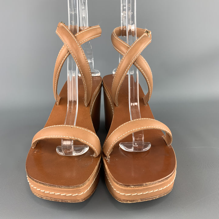 RALPH LAUREN Talla 9.5 Sandalias de cuña con plataforma con puntadas en contraste de cuero color canela