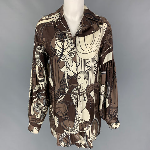 EDWARD CRUTCHLEY FW 18 Size XS Brown Beige Silk Print Button Up Shirt