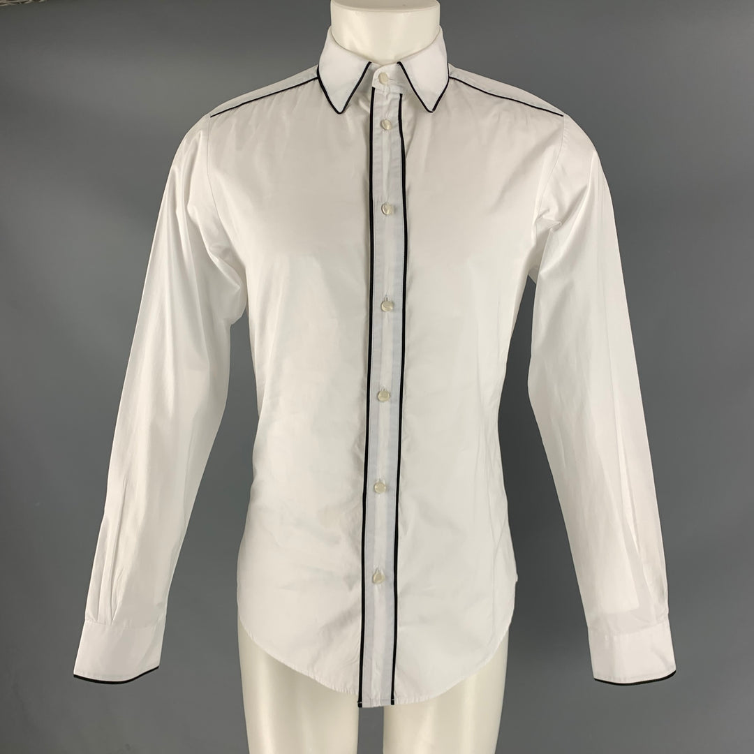 JUST CAVALLI Size M White Black Solid Cotton Button Up Long Sleeve Shirt