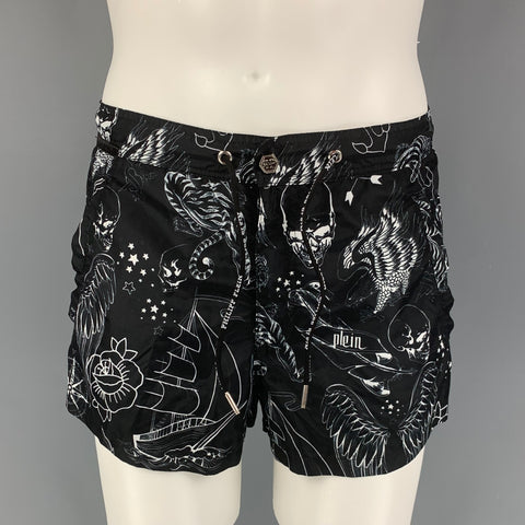 PHILIPP PLEIN Size M Black White Print Polyamide Drawstring Swim Trunks