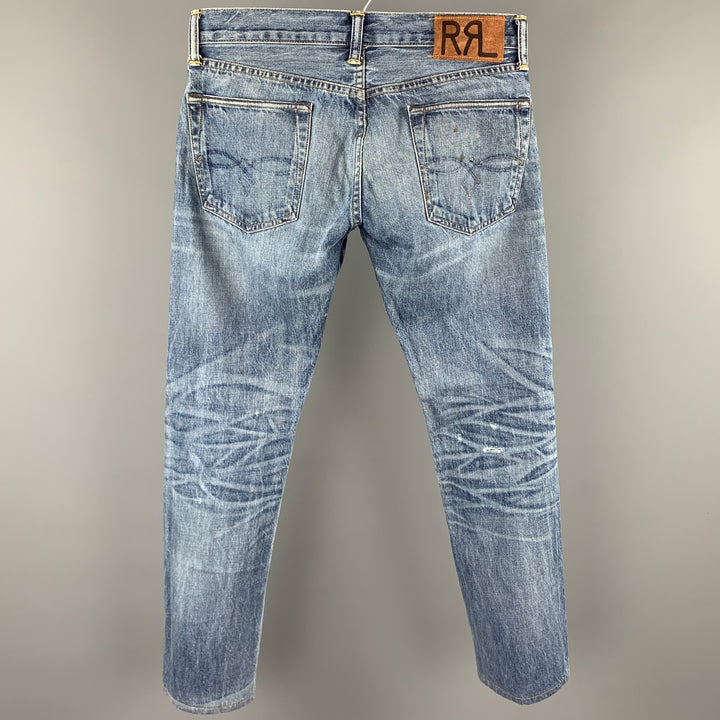 RRL by RALPH LAUREN Talla 28 Vaqueros con bragueta de botones y mezclilla con orillo lavado azul claro