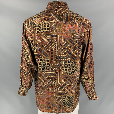 GIORGIO'S PALM BEACH Size L Brown & Gold Print Silk Button Up Long Sleeve Shirt