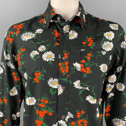 DSQUARED2 Size L Black Floral Cotton Button Up Long Sleeve Shirt