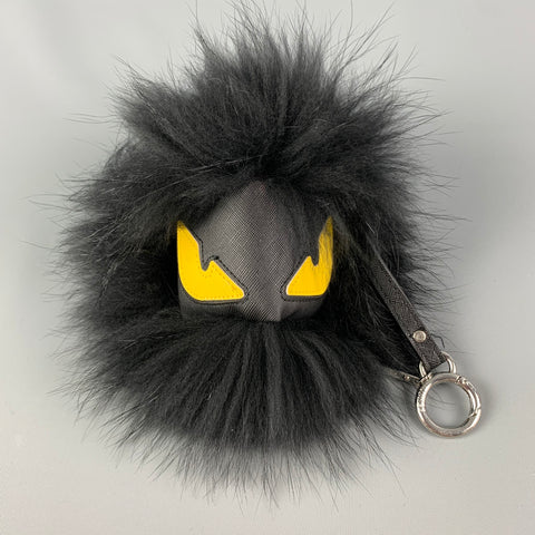 FENDI Black Yellow Leather Fox Fur Bag Bug Charm Keyring
