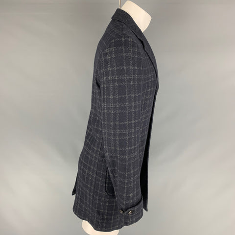 SAKS FIFTH AVENUE Size 40 Navy Grey Plaid Wool Blend Coat