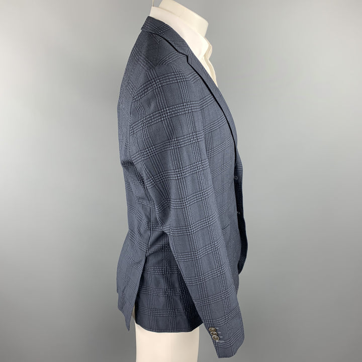 HUGO BOSS Size 38 Regular Navy Plaid Wool Blend Notch Lapel Sport Coat
