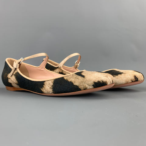 GIAMBATTISTA VALLI Talla 7.5 Zapatos planos Maryjane con estampado de leopardo en beige y marrón