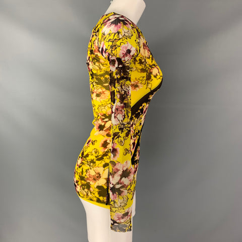 JEAN PAUL GAULTIER SOLIEL Size S Yellow & Brown Nylon Floral V-neck Blouse