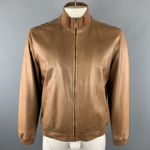 RALPH LAUREN L Tan  Leather Zip Up Slit Pockets Bomber Style Jacket