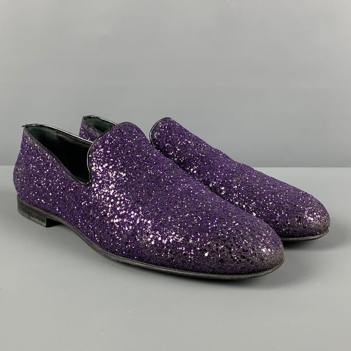 JIMMY CHOO Size 10.5 Purple Black Glitter Leather Slip On Loafers