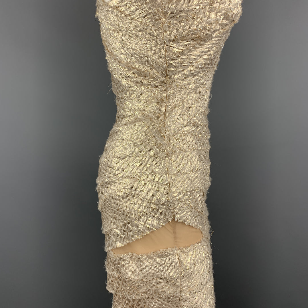 REEM ACRA Size 2 Metallic Gold & Silver Layered Jacquard One Shoulder Sui Generis Designer Consignment REEM ACRA Size 2 Metallic Gold & Silver Layered Jacquard One Shoulder Sui Generis Designer Consignment