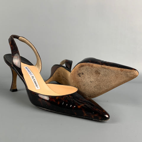 MANOLO BLAHNIK Size 7.5 Tortoiseshell Patent Leather Slingback Pumps