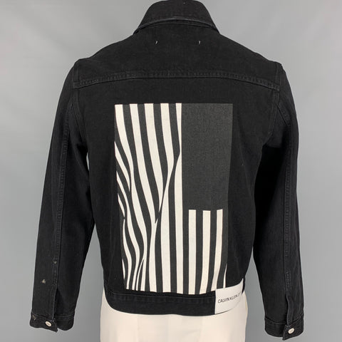 CALVIN KLEIN Taille L Veste camionneur en denim de coton graphique Foundation noir et blanc