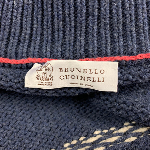 BRUNELLO CUCINELLI Size 42 Navy & White Knitted Cotton / Polyamide Buttoned Jacket